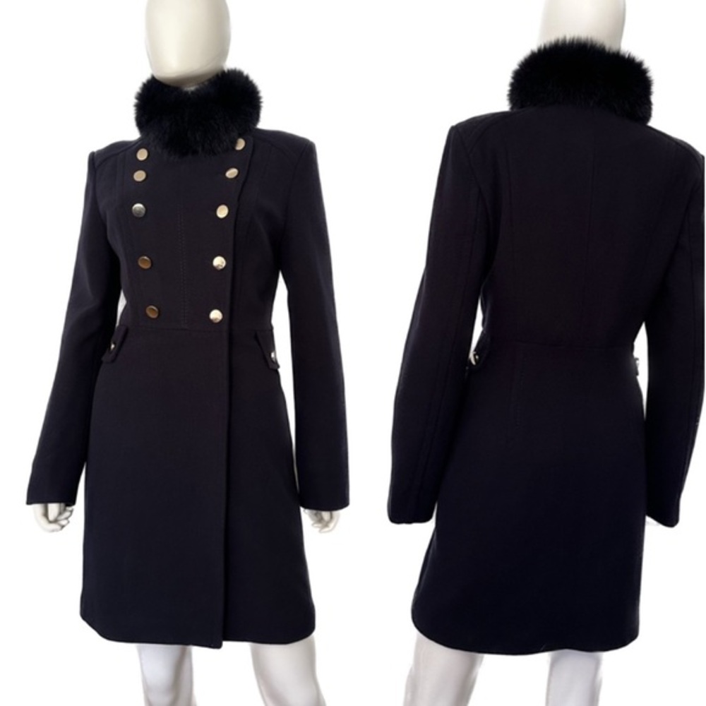 NWT WOMEN WINTER DOUBLE-BREASTED‎ COAT WOOL BLEND RACCOON FUR STAND-UP COLLAR